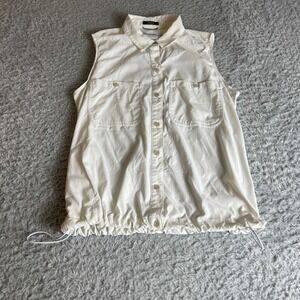 Eddie Bauer Womens PS White Sleeveless Button Down Tech Shirt Drawstring Hem